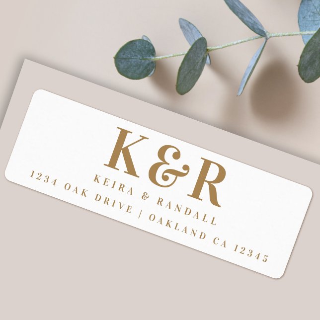 Bröllop Monogram Guld och vit Returadress Returadress Etikett (An elegant gold and white return address label, perfect for couples, wedding or everyday mail)