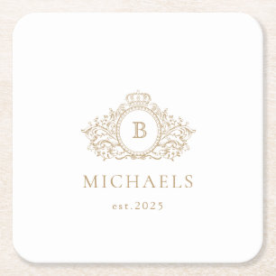 Bröllop Monogram Guld & White Underlägg Papper Kvadrat