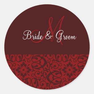 Bröllop Monogram i Mörk Red Runt Klistermärke