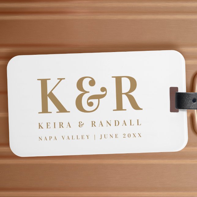Bröllop Monogram minimalistisk enkel Guld och vit Bagagebricka (Skapare uppladdad)