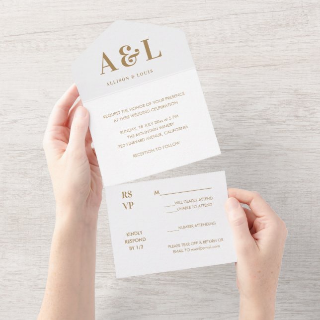 Bröllop Monogram minimalistisk vit Guld (Avrivbar del)