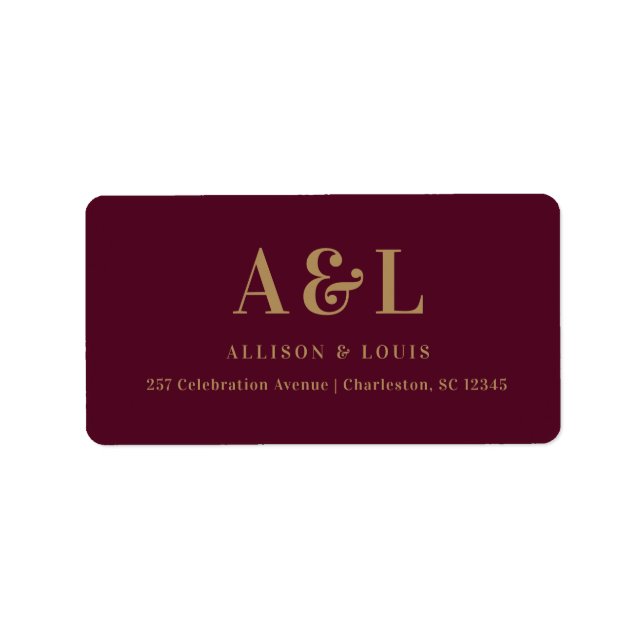 Bröllop Monogram minimalistiskt Burgundy Guld Adressetikett (Framsidan)