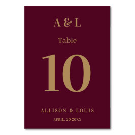Bröllop Monogram minimalistiskt Burgundy Guld Bordsnummer