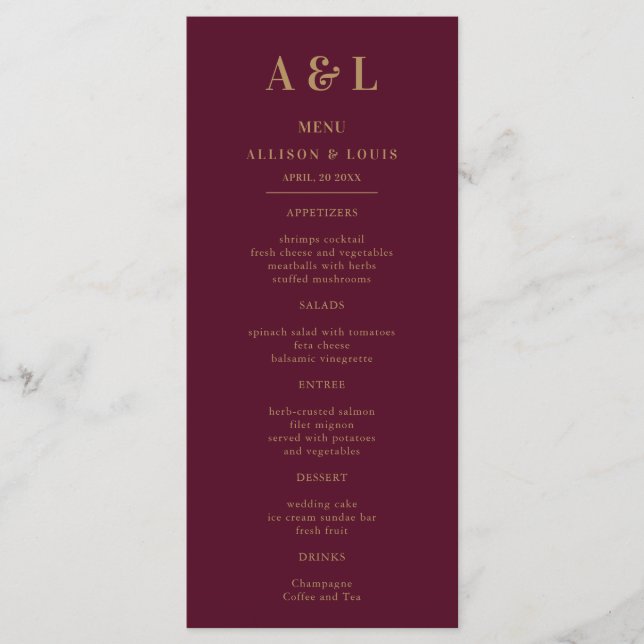Bröllop Monogram minimalistiskt Burgundy Guld Meny (Framsida)