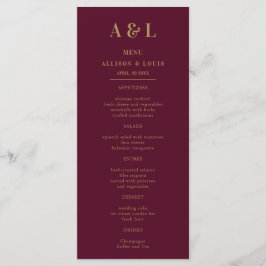 Bröllop Monogram minimalistiskt Burgundy Guld Meny