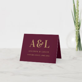 Bröllop Monogram minimalistiskt Burgundy Guld Tack Kort