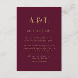 Bröllop Monogram minimalistiskt Burgundy Guld Tilläggskort
