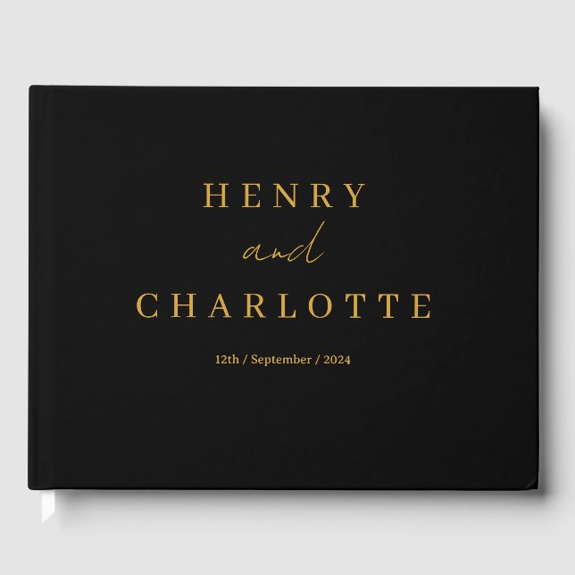 Bröllop Monogram minimalistiskt enkelt Guld och sv Gästböcker (Framsida)