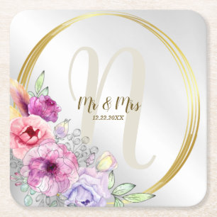 Bröllop Monogram Namn Colorful Rosa Blommigt Golde Underlägg Papper Kvadrat