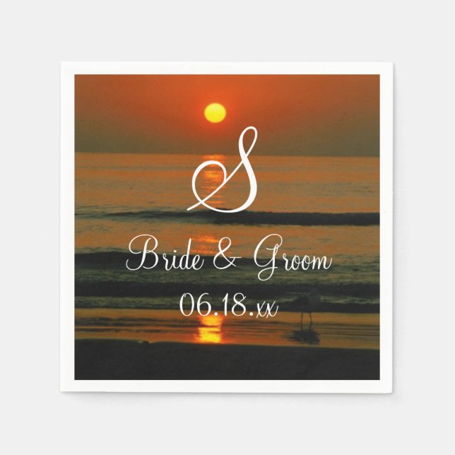 Bröllop Monogram Namn Data Sunset Beach Napkins Pappersservett (Framsidan)