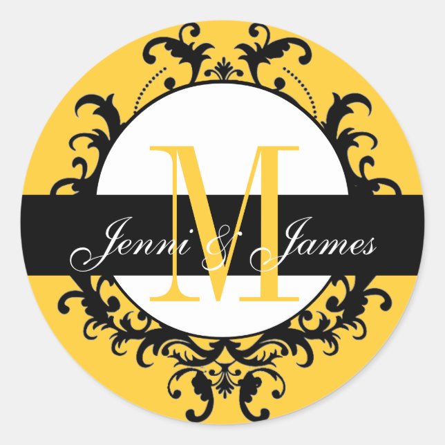 Bröllop Monogram Namn Ornate Gult etikett (Framsida)