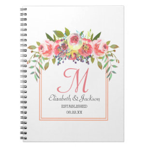 Bröllop Monogram Peach Watercolor Blommigt Wandean Anteckningsbok Med Spiral