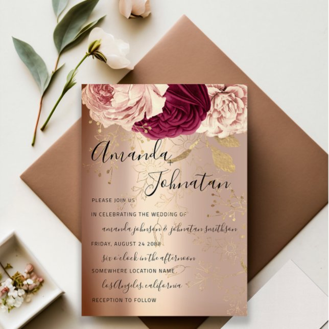 Bröllop Monogram Rosa Blommigt Marsala Ro Guld Inbjudningar (Wedding Monogram Pink Florals Marsala Rose Gold Invitation)