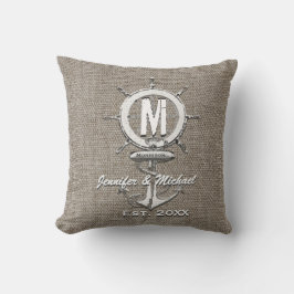Bröllop Monogram Rustic Linen Anchor Kudde
