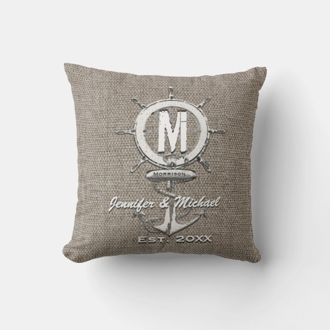 Bröllop Monogram Rustic Linen Anchor Kudde (Framsida)