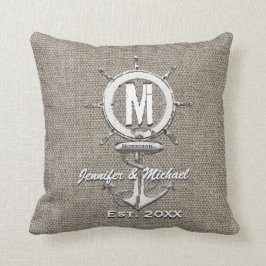 Bröllop Monogram Rustic Linen Anchor Kudde
