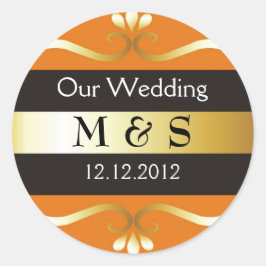 Bröllop Monogram Stickers - Orange & Guld Runt Klistermärke