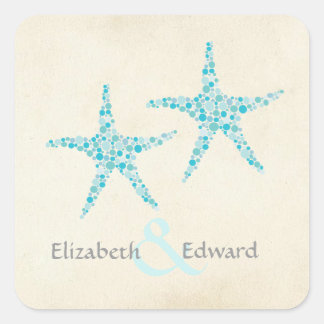 Bröllop Monogram turquise Aqua Starfish Sticker Fyrkantigt Klistermärke