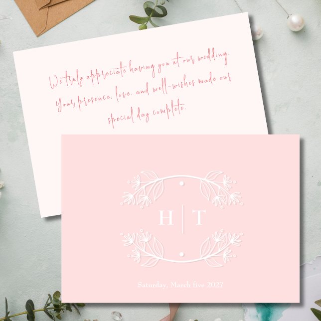 Bröllop Monogram Vapensköld rosa  tack för ditt ko Rådkort (Wedding Monogram Crest pink blush thank you card)