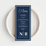Bröllop-monogrammottagning eller Förlovning-middag Meny<br><div class="desc">Öka dina specialtillfällen med vår marinblå och vita Bröllop-monogrammottagning eller Förlovning-midmeny, en perfekt blandning av elegans och anpassning. Designade med en sofistikerad marin blå bakgrund och skarpa vita accenter, tillför dessa menyer en liten bit förfinad charm till bröllop, repetitionsmiddag eller förlovningsfest. Den slående kombinationen av färg och eleganten i monogrammet...</div>
