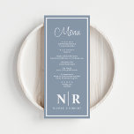 Bröllop-monogrammottagning eller Förlovning-middag Meny<br><div class="desc">Med vår Dusty Blue and White Bröllop Monogram Reception eller Förlovning Dinner Menus, presenterar du en liten elegans till din speciella händelse. Dessa expertmenyer är designade för att höja din matupplevelse, skapar dem perfekten som tillägg till bröllop, repetitionsmiddagar och förlovningsfester. Den sofistikerade blandningen av dammiga blått och pristinvitt skapar en...</div>