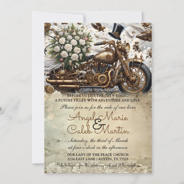 Bröllop Motorcykel Guld Vit Inbjudningar (Framsida)