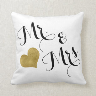 Bröllop Mr. & Mrs Black Script Guld Heart Kudde