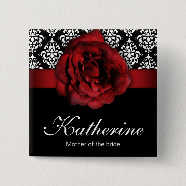 Bröllop Namn bricka-knapp Röd ros Damask Knapp (Framsida)