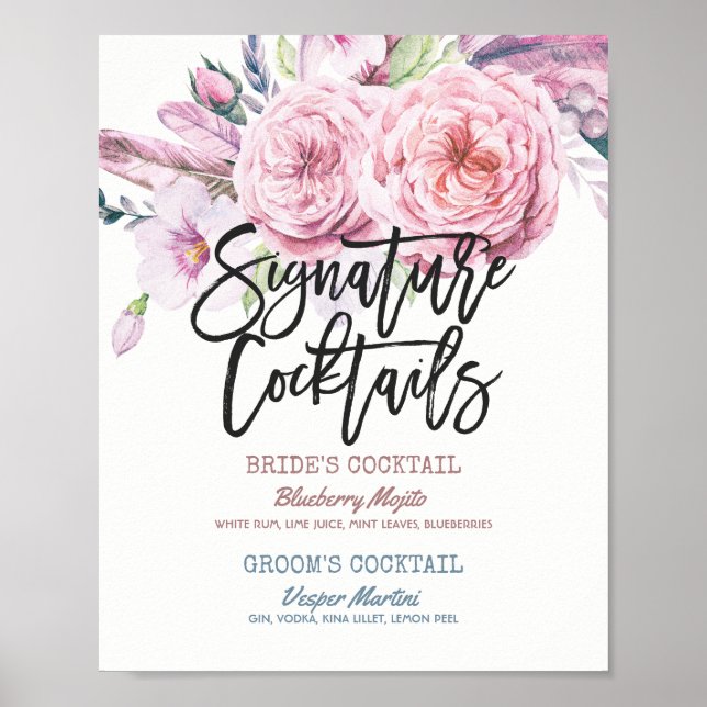 Bröllop Namnteckning Cocktail Drink Menu Boho Blom Poster (Framsidan)