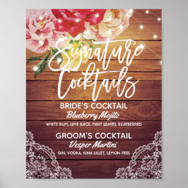 Bröllop Namnteckning Cocktail Drink Menu Wood Blom Poster