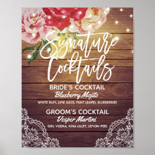 Bröllop Namnteckning Cocktail Drink Menu Wood Blom Poster