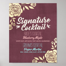 Bröllop Namnteckning Drink Menu Burgundy Golden Ro Poster