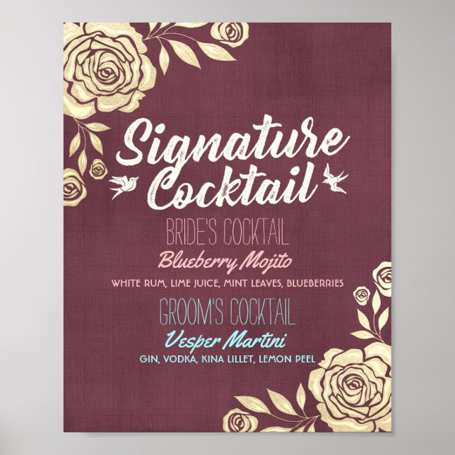 Bröllop Namnteckning Drink Menu Burgundy Golden Ro Poster (Framsidan)