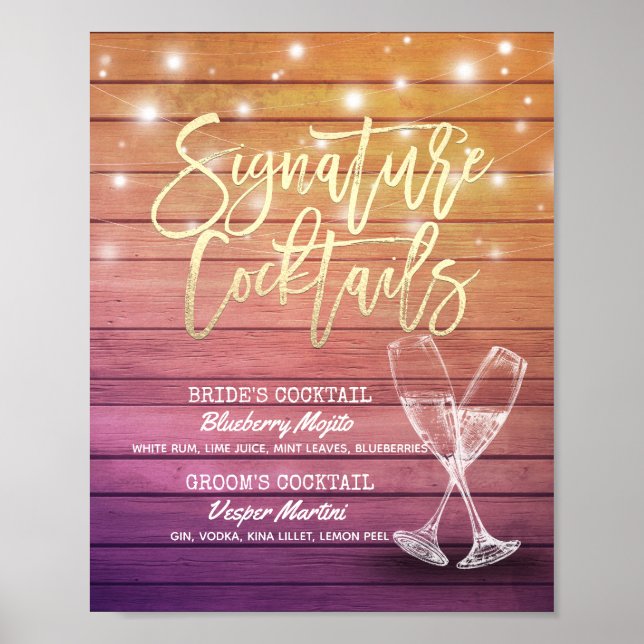 Bröllop Namnteckning Drink Menu Champagne Glass Wo Poster (Framsidan)