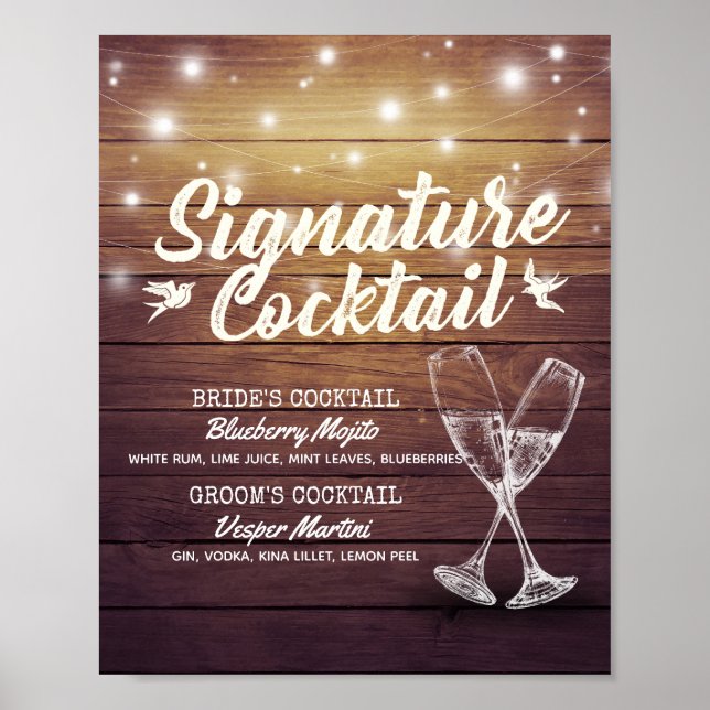 Bröllop Namnteckning Drink Menu Champagne Glass Wo Poster (Framsidan)