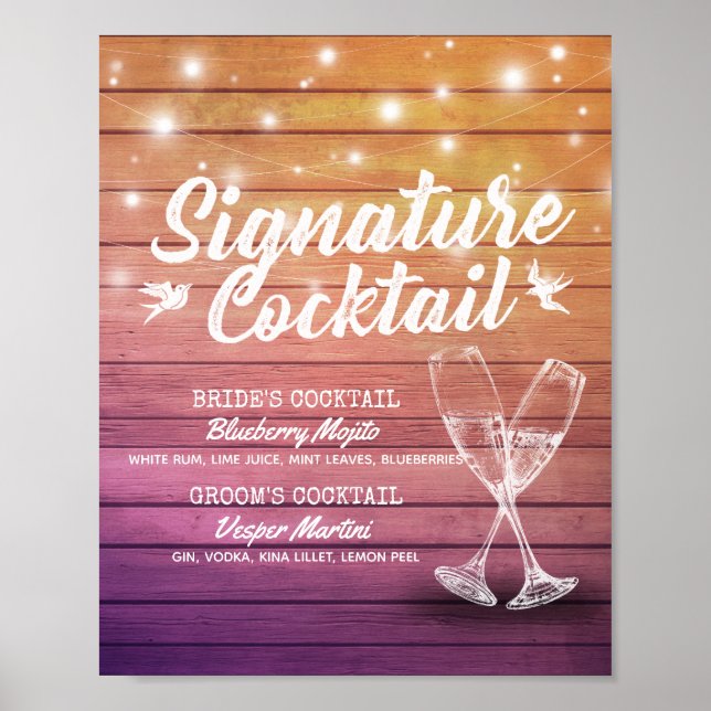 Bröllop Namnteckning Drink Menu Champagne Glass Wo Poster (Framsidan)