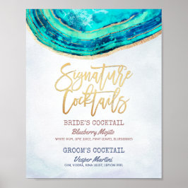 Bröllop Namnteckning Drink Menu Teal Guld Agate Ge Poster