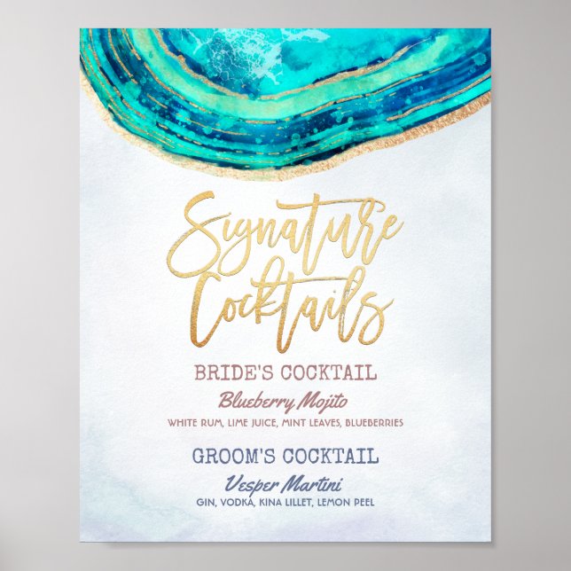 Bröllop Namnteckning Drink Menu Teal Guld Agate Ge Poster (Framsidan)