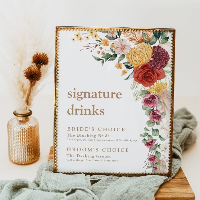 Bröllop Namnteckning Drinks Rustic Boho Flowers Poster (Skapare uppladdad)