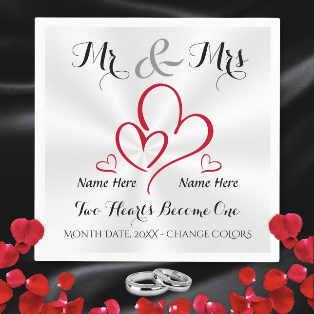 Bröllop Napkins, Personlig Bröllop Pappersservett (Mr & Mrs cocktail napkins. Mr and Mrs personalized wedding napkins. Red, Black, Gray. White Wedding.)