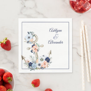 Bröllop Nautical Anchor Navy Peach Blommigt Namn Pappersservett