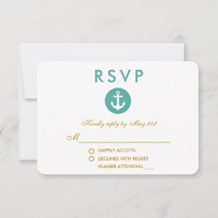 Bröllop Nautical Anchor Teal OSA Guld Kort