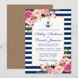 Bröllop Nautical Blue Rand Blommigt Rosa Inbjudan
