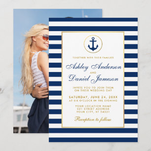 Bröllop Nautical Blue Rand Inbjudan BG Photo Back