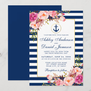 Bröllop Nautical Blue Rand Rosa Blommigt Inbjudan