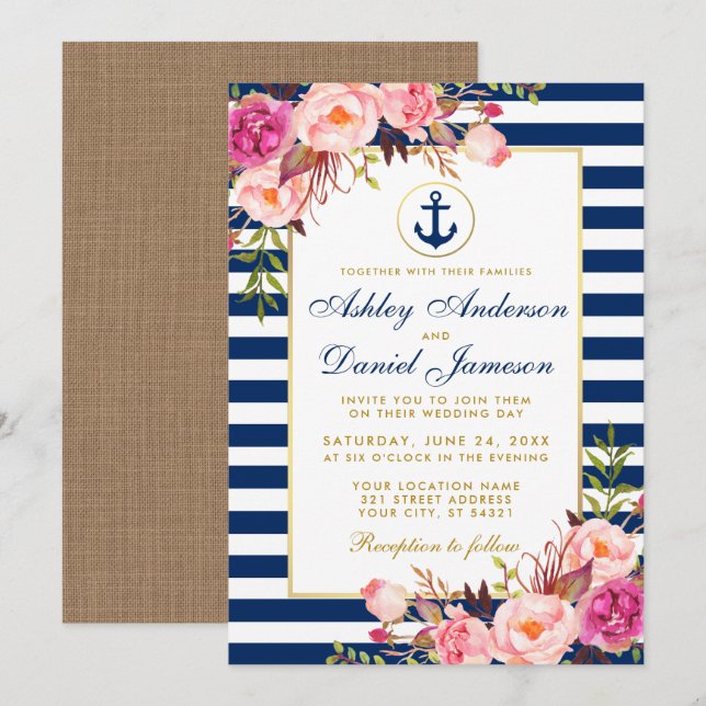 Bröllop Nautical Blue Rand Rosa Blommigt Inbjudan  (Fram/baksida)