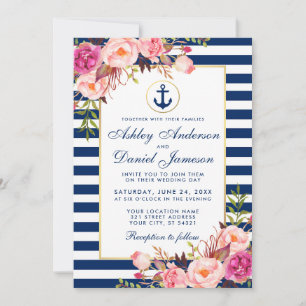 Bröllop Nautical Blue Rand Rosa Blommigt Inbjudan