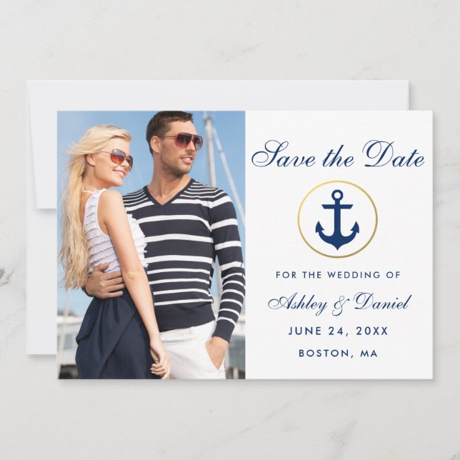 Bröllop Nautical Blue Save Date Photo W Spara Datumet (Framsida)
