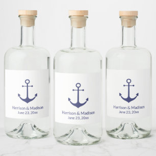 Bröllop nautisk ankarpunkt marin blå elegant spritflaskor etikett