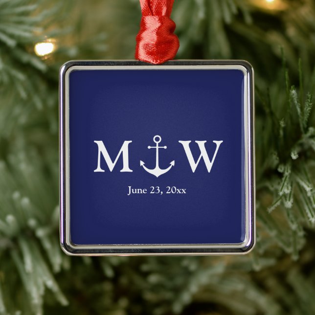 Bröllop nautisk ankarpunkt - marin blå och vit mon julgransprydnad metall (Träd)